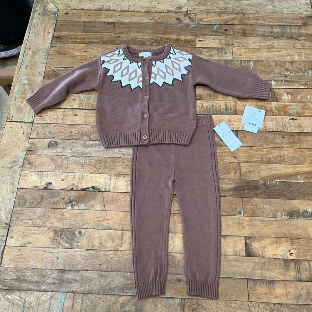 Grayson mini Baby Brown Fair Isle Knit Cardigan Sweater & Pants 2-Piece 18M NWT